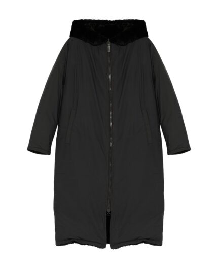 Long Hooded Down Jacket In Technical Fabric Reversible Ribbed Rex Rabbit Fur