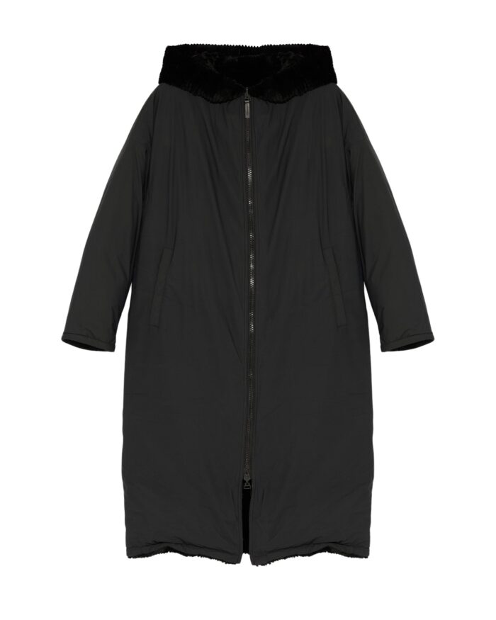 Long Hooded Down Jacket In Technical Fabric Reversible Ribbed Rex Rabbit Fur