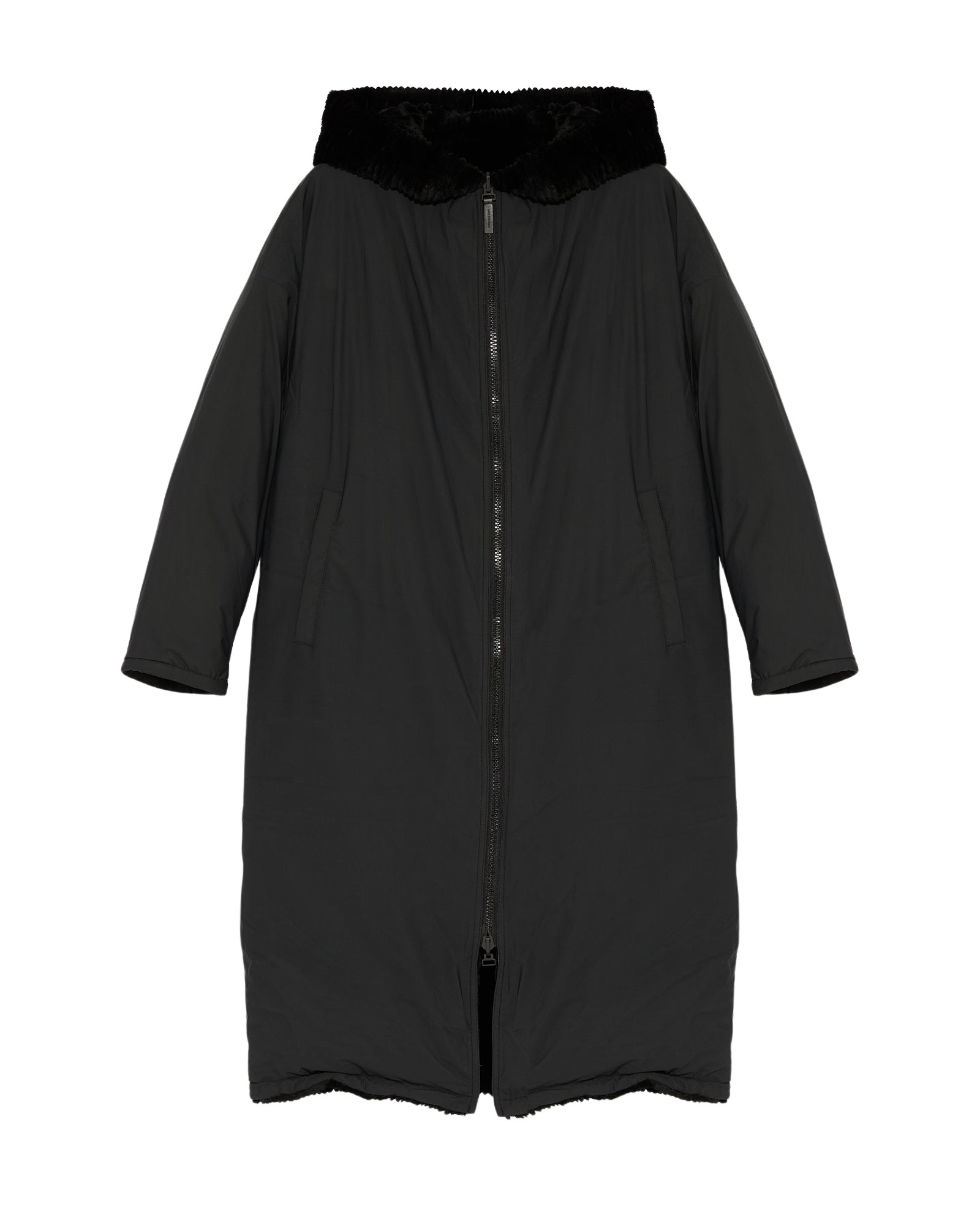 Long Hooded Down Jacket In Technical Fabric Reversible Ribbed Rex Rabbit Fur