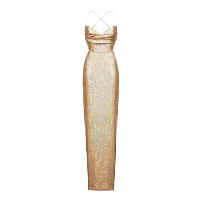 Draped open-back sequined maxi dress