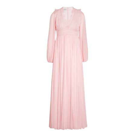 Long Rose Quartz Silk Dress And Lace Collar
