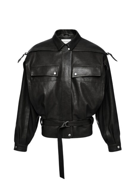 Oversized Belted Leather Jacket In Black