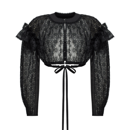 Embroidered cotton blouse with ruffled shoulders and an open back