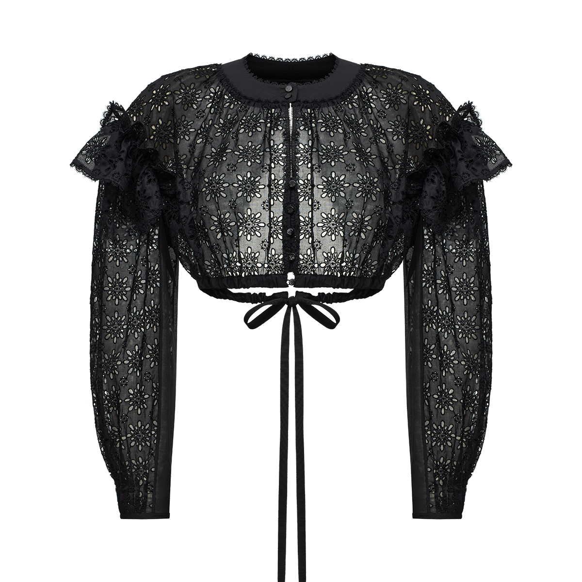 Embroidered cotton blouse with ruffled shoulders and an open back